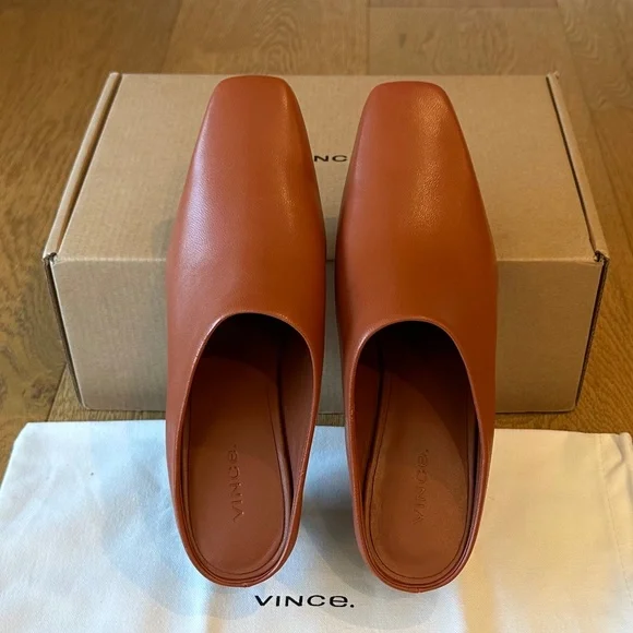 Vince Leather Benita Square Toe Slip On Clog Wedge Heel Pumps (Rust Amber) - Picture 8 of 16